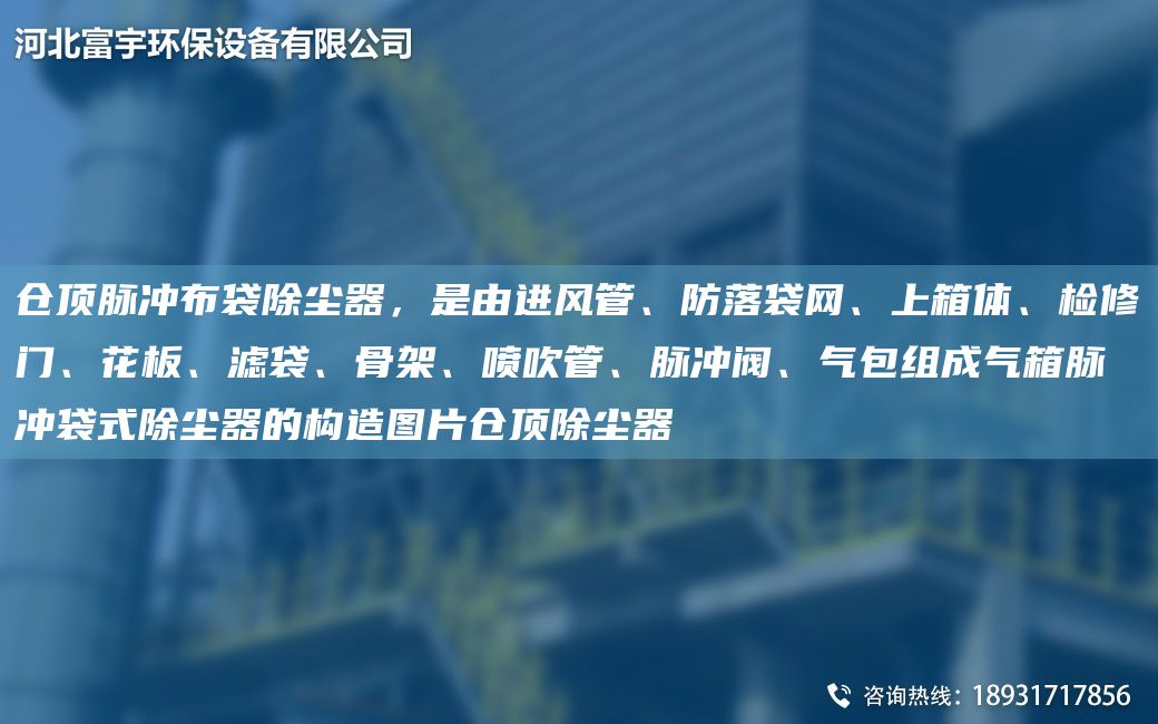 倉頂脈沖布袋除塵器，是由進(jìn)風(fēng)管、防落袋網(wǎng)、上箱體、檢修門、花板、濾袋、骨架、噴吹管、脈沖閥、氣包組成氣箱脈沖袋式除塵器的構(gòu)造圖片倉頂除塵器